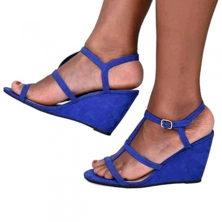 Blue Cross Straps Sandal Wedge High Heel Women Open Toe Summer Shoes